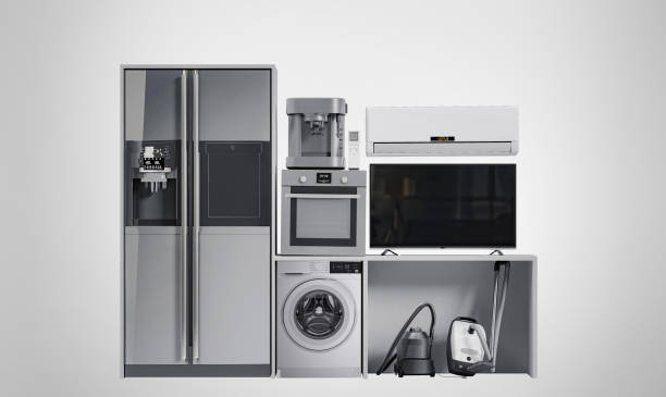 istock Home appliances 3D render on grey background Group of black refrigerator washing machine stove microwave oven vacuum cleaner isolated on white background 3d 1691918528