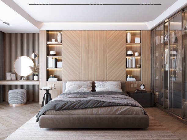 modern bedroom interior with dressing table, Bed with bedhead and side table with wall mockup ,Scandinavian style, 3D render, 3D illustration