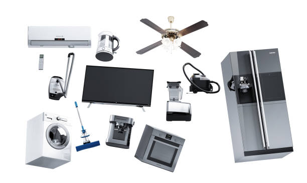 Home appliances flying in the air 3D render on grey background Group of black refrigerator washing machine stove microwave oven vacuum cleaner isolated on white background 3d