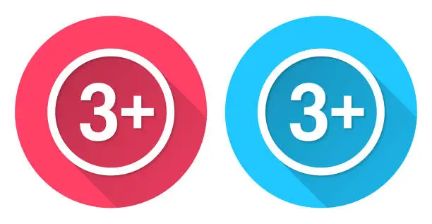 Vector illustration of 3+ Three plus sign - Age restriction. Round icon with long shadow on red or blue background