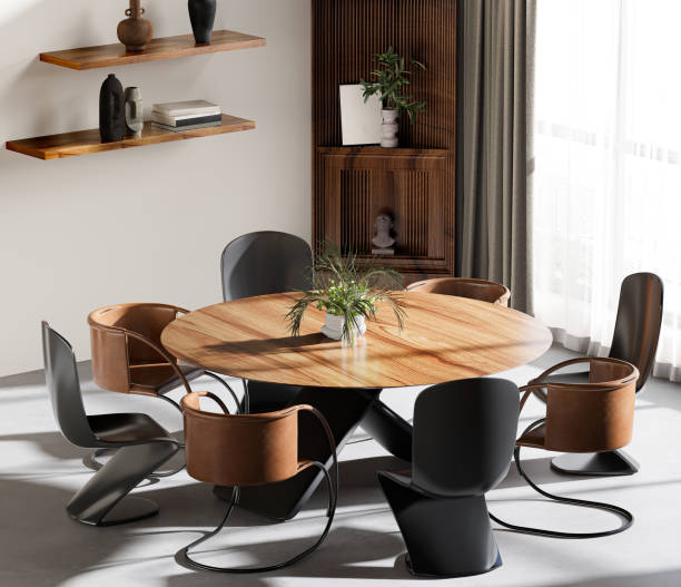 istock Cozy stylish living room with a round dining table, chairs and shelf with decorative accessories on the shelves. The concept of a modern city apartment in a mortgage 1691922005