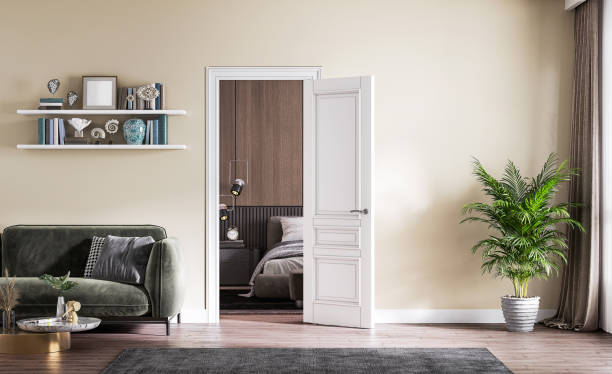 istock Stylish modern bedroom interior with glass wardrobe 1691922009