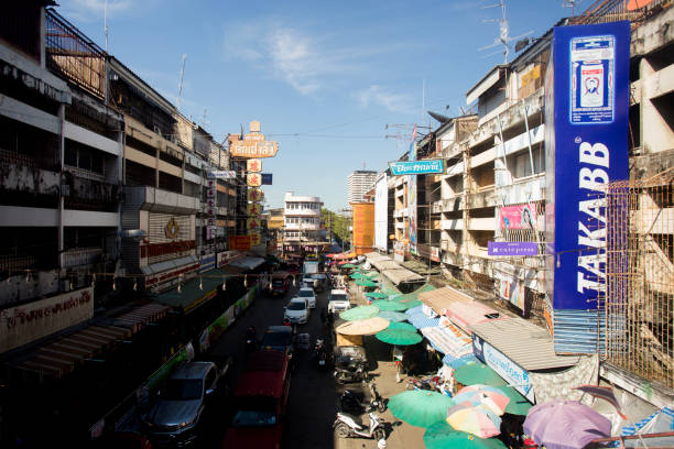 Chinese community neighborhood in the city of Chiang Mai. Chiang Mai, Thailand; January 1, 2023: Chinese community neighborhood in the city of Chiang Mai.. warorot stock pictures, royalty-free photos & images