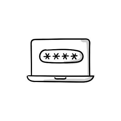 Secured Computer Hand-Drawn Doodle Vector Line Icon with Editable Stroke. The Icon is suitable for web design, mobile apps, UI, UX, and GUI design.
