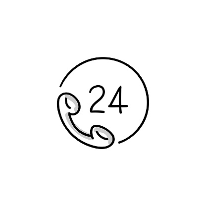 7/24 Call Center Hand-Drawn Doodle Vector Line Icon with Editable Stroke. The Icon is suitable for web design, mobile apps, UI, UX, and GUI design.