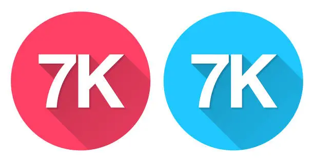 Vector illustration of 7K, 7000 - Seven thousand. Round icon with long shadow on red or blue background