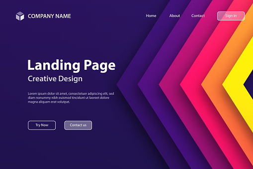 Landing page template for your website. Modern and trendy background. 3D abstract design with geometric shapes and beautiful color gradient in a paper cut style. This illustration can be used for your design, with space for your text (colors used: Yellow, Orange, Red, Pink, Purple, Blue, Black). Vector Illustration (EPS file, well layered and grouped), wide format (3:2). Easy to edit, manipulate, resize or colorize. Vector and Jpeg file of different sizes.
