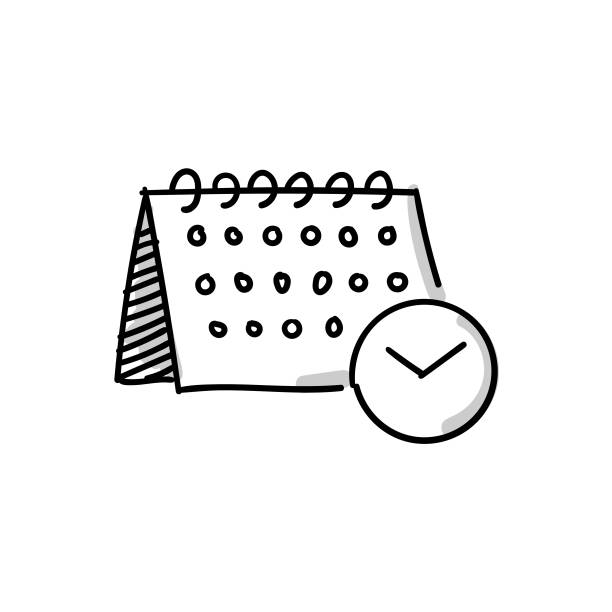 calendar schedule sketchy doodle vector icon with editable stroke(편집 가능한 스트로크 포함) 아이콘은 웹 디자인, 모바일 앱, ui, ux 및 gui 디자인에 적합합니다. - calendar personal organizer clock diary stock illustrations