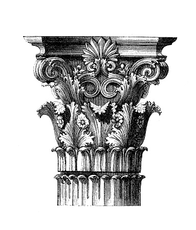 Corinthian order capital with acanthus leaves and scrolls, was the most ornate order of Greek and Roman architecture, vintage engraving