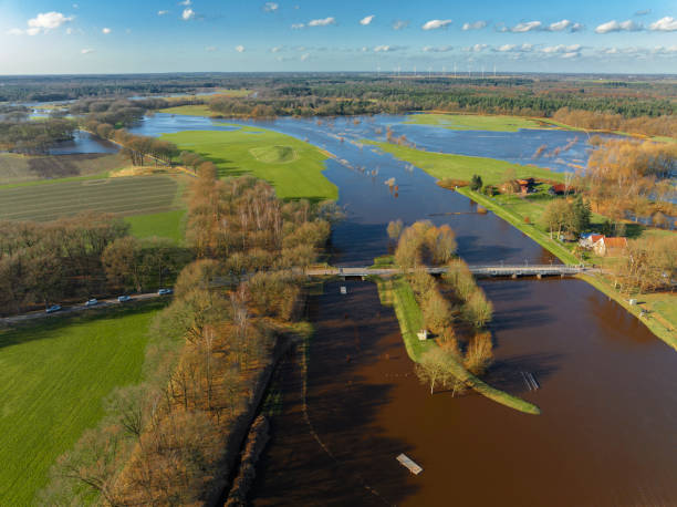 istock Vecht river high water level flooding at the Junne weir drone view 1691964957