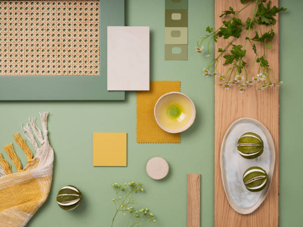 istock Elegant  flat lay composition in green and yellow color palette with textile and paint samples, lamella panels and tiles. Architect and interior designer moodboard. Top view. Copy space. 1691964965