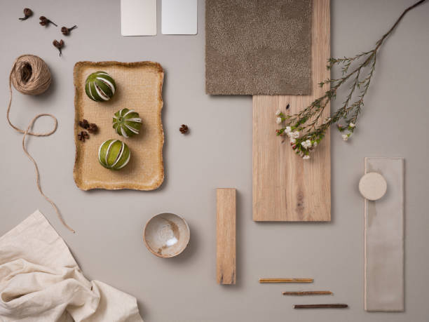 istock Creative flat lay composition with textile and paint samples, panels and cement tiles. Stylish interior designer moodboard. Light beige and gray color palette. Copy space. Template. 1691964978