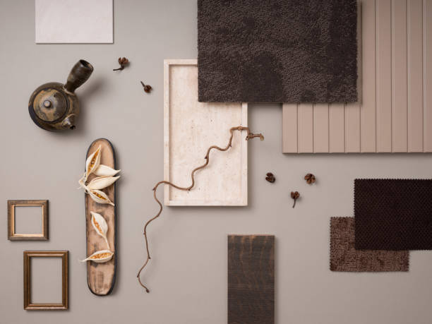 istock Elegant flat lay composition with textile and paint samples, panels and cement tiles. Stylish interior designer moodboard. Light beige and gray color palette. Copy space. Template. 1691965526