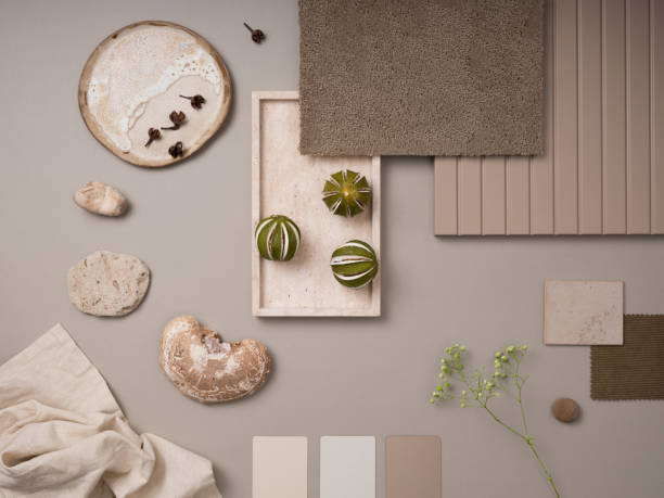 istock Creative flat lay composition with textile and paint samples, panels and cement tiles. Stylish interior designer moodboard. Light beige and gray color palette. Copy space. Template. 1691965536