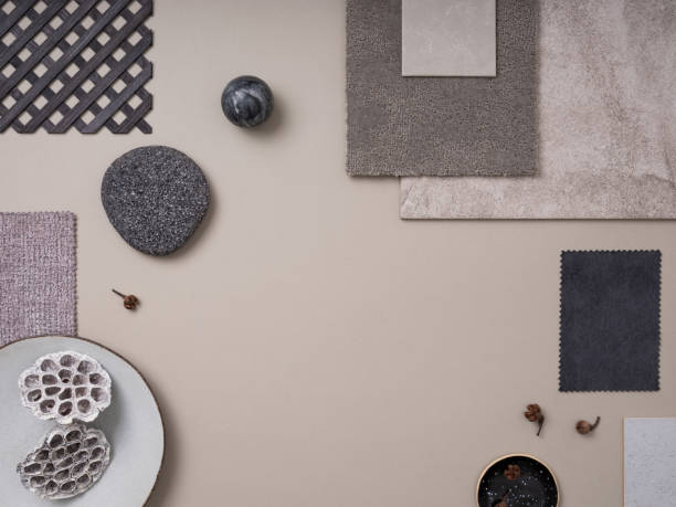 istock Classic  flat lay composition in grey and beige color palette with textile and paint samples, lamella panels and tiles. Architect and interior designer moodboard. Top view. Copy space. 1691965556