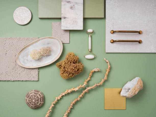 istock Stylish flat lay composition in green and yellow color palette with textile and paint samples, lamella panels and tiles. Architect and interior designer moodboard. Top view. Copy space. 1691966136