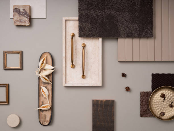 istock Creative flat lay composition with textile and paint samples, panels and cement tiles. Stylish interior designer moodboard. Light beige and gray color palette. Copy space. Template. 1691966137