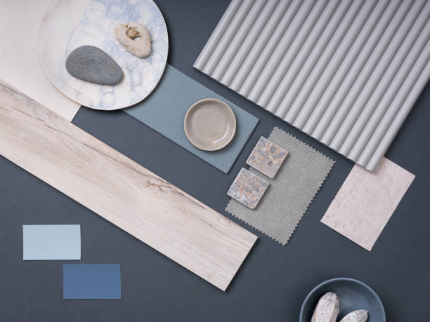 istock Modern flat lay composition with cement tiles, panels, facing, stones. Stylish interior designer moodboard. Blue, blue and gray color palette. Copy space. Template. 1691967343