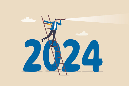 Year 2024 business outlook, forecast or plan ahead, vision for future success, new year goal or achievement, company target or hope concept, businessman climb up on year 2024 to see business outlook.