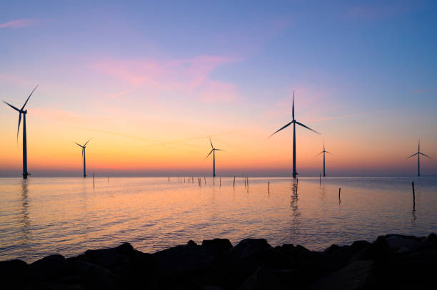 istock Wind turbines in an offshore wind park producing electricity during sunset 1691969719