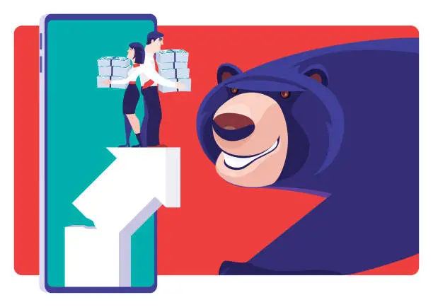 Vector illustration of couple holding stacks of banknotes and standing on broken arrow sign on smartphone with bear approaching