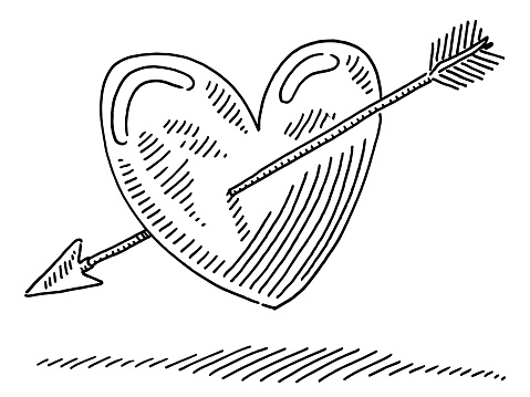 Hand-drawn vector drawing of a Love Arrow Thrown Into Heart. Black-and-White sketch on a transparent background (.eps-file). Included files are EPS (v10) and Hi-Res JPG.