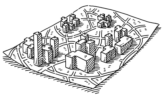 Hand-drawn vector drawing of a Road Map City Buildings. Black-and-White sketch on a transparent background (.eps-file). Included files are EPS (v10) and Hi-Res JPG.