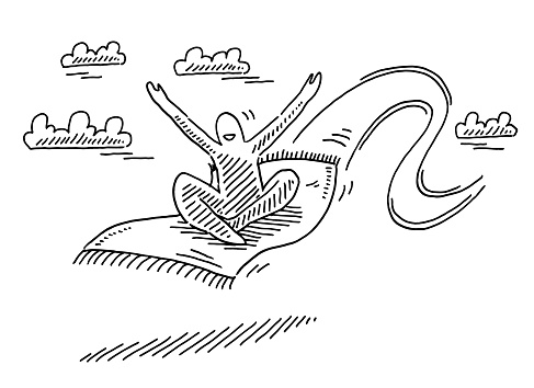 Hand-drawn vector drawing of a Happy Figure On Magic Carpet Flying. Black-and-White sketch on a transparent background (.eps-file). Included files are EPS (v10) and Hi-Res JPG.