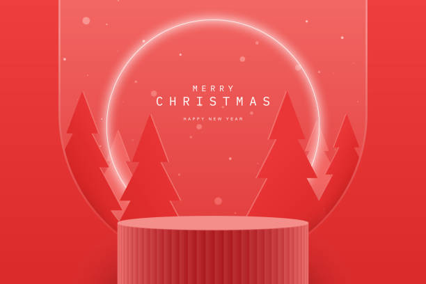 istock Luxury realistic red 3D cylinder podium pedestal or product display stand with christmas tree, glowing neon ring and snow background. Minimal scene for product display presentation. Merry Christmas 1691973187