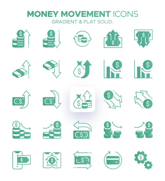 Vector illustration of Money Movement Icon Set with Gradient Colors - Finance, Transactions, Payment, Transfer, Banking, Currency