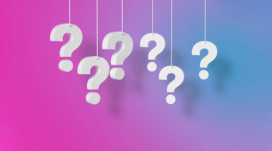 Gradient background of question marks white hanging. 3D rendering.