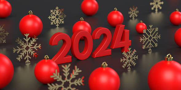 Happy New Year 2023 and 2024 winter holiday concept: Festive 3D black background with golden snowflakes, coloured year calendar numbers and red Christmas tree decoration balls. Copy space available. Traditional ornament Merry Xmas illustration design template.