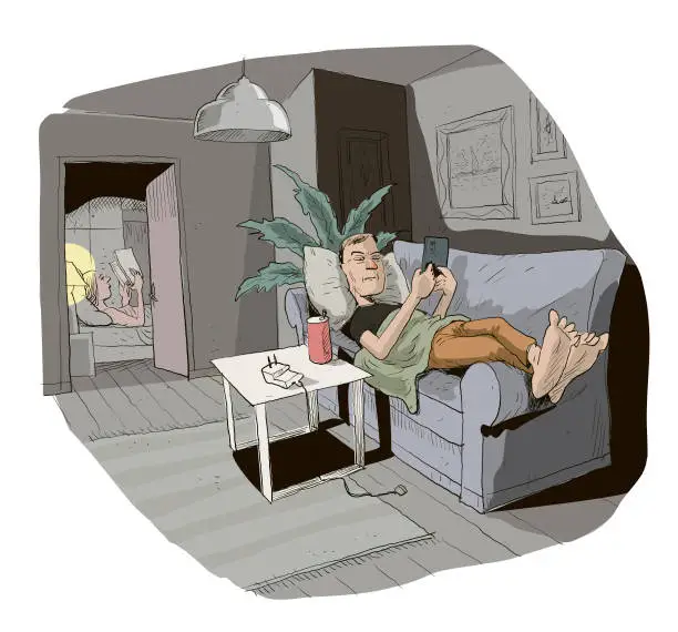 Vector illustration of heterosexual couple living separately in the same house