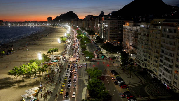 dusk skyline at copacabana beach in rio de janeiro brazil. - rio de janeiro avenue downtown district panoramic imagens e fotografias de stock