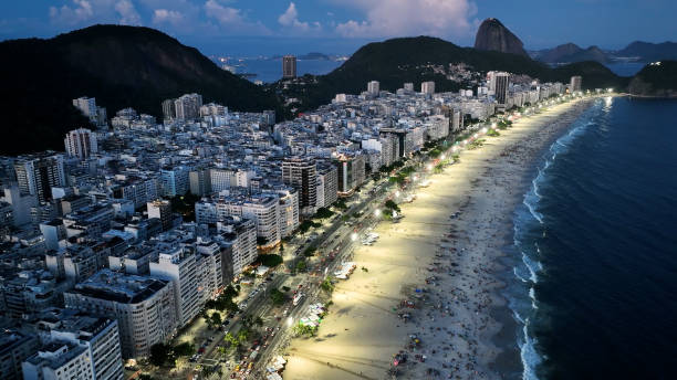 горизонт заката на пляже копакабана в рио-де-жанейро, бразилия. - rio de janeiro avenue downtown district panoramic стоковые фото и изображения