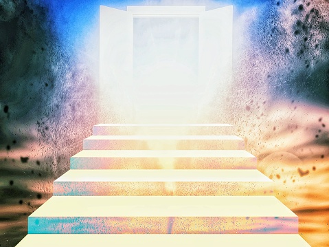 3d illustration of abstract stairs leading to heavenly door in creativity concept