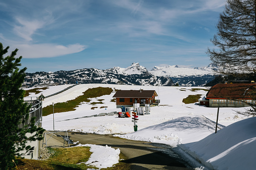 Stoos, Switzerland - April 12, 2022: Mountain village Stoos in Switzerland, in winter.