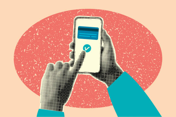 Fashionable banner in retro colors, advertising poster. Halftone collage of hands with phone, payment by bank card, online shopping, mobile banking.