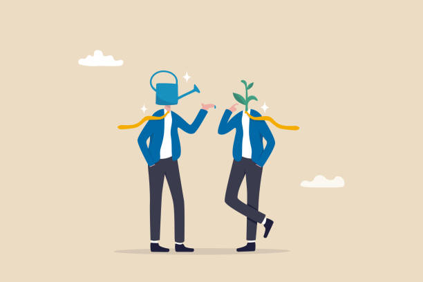 bildbanksillustrationer, clip art samt tecknat material och ikoner med mentor to help career growth, coaching or education for growth mindset, growing seedling plant, help or assistance, business support concept, businessman watering can head help grow seedling one. - tränare