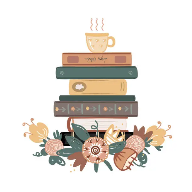 Vector illustration of Vintage composition with books pile, tea mug, and meadow doodle flowers isolated on white background. Hand drawn vector illustration