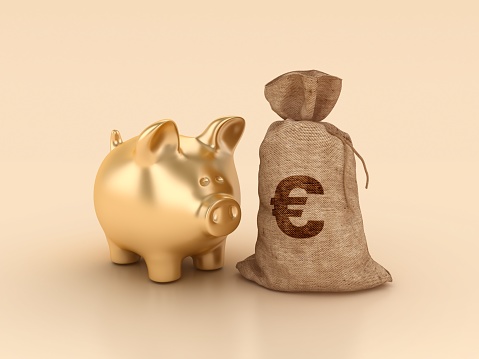 Piggy Bank with Money Euro Sack - Color Background - 3D Rendering