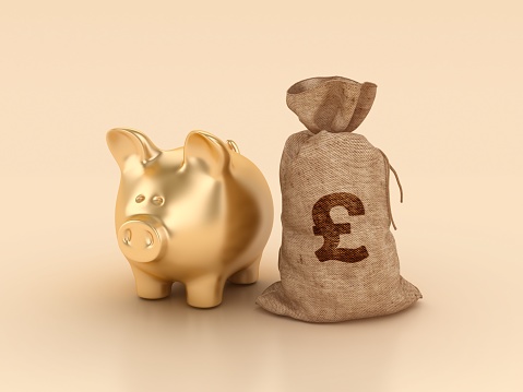 Piggy Bank with Money Pound Sack - Color Background - 3D Rendering