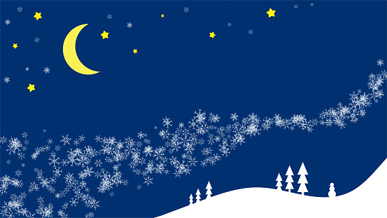 Winter night scene. Blizzard against backdrop of starry night sky and crescent moon. Landscape of snow covered coniferous forest. Simple flat paper vector illustration on blue background