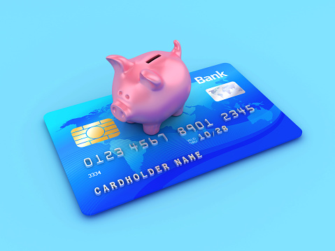 Piggy Bank with Credit Cards - Color Background - 3D Rendering