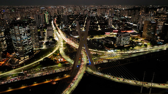 Time Lapse Traffic At Night City In Sao Paulo Brazil. Cityscape Bridge. Traffic Road. Sao Paulo Brazil. City Skyline Landscape. Time Lapse Traffic At Night City In Sao Paulo Brazil.