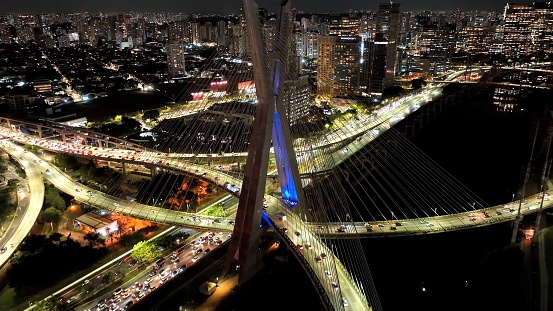 Famous Bridge At Night City In Sao Paulo Brazil. Cityscape Bridge. Traffic Road. Sao Paulo Brazil. City Skyline Landscape. Famous Bridge At Night City In Sao Paulo Brazil.