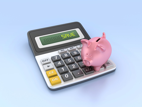 Piggy Bank with Calculator - Color Background - 3D Rendering