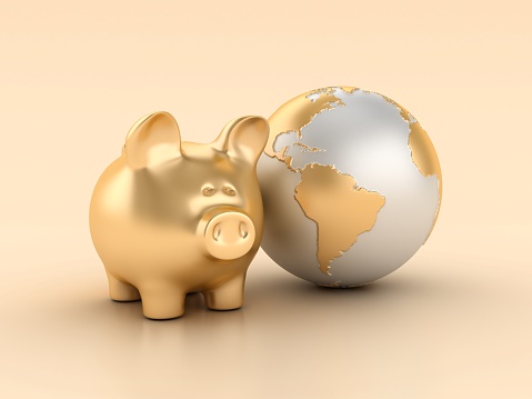 Piggy Bank with Globe World - Color Background - 3D Rendering