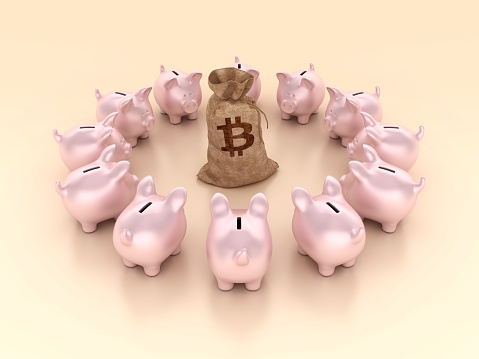 Piggy Bank Circle with Money Bitcoin Sack - Color Background - 3D Rendering
