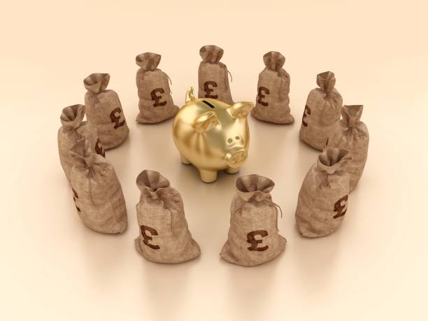 cofrinho com sacos de libra de dinheiro - piggy bank gold british currency pound symbol - fotografias e filmes do acervo